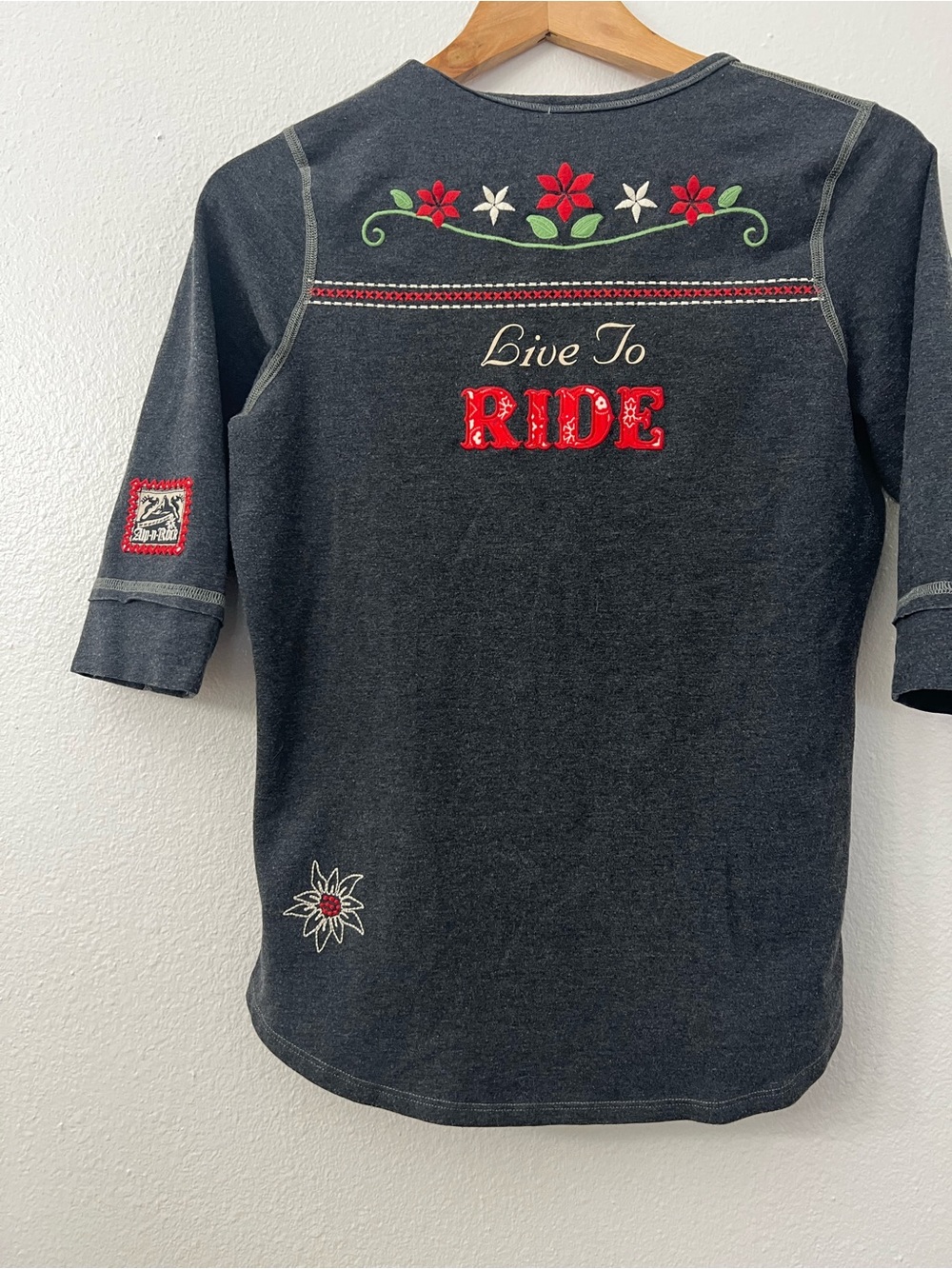 Alp N Rock “Live to Ride” 3/4 Sleeve Henley Tee with Red Floral Embroidery
